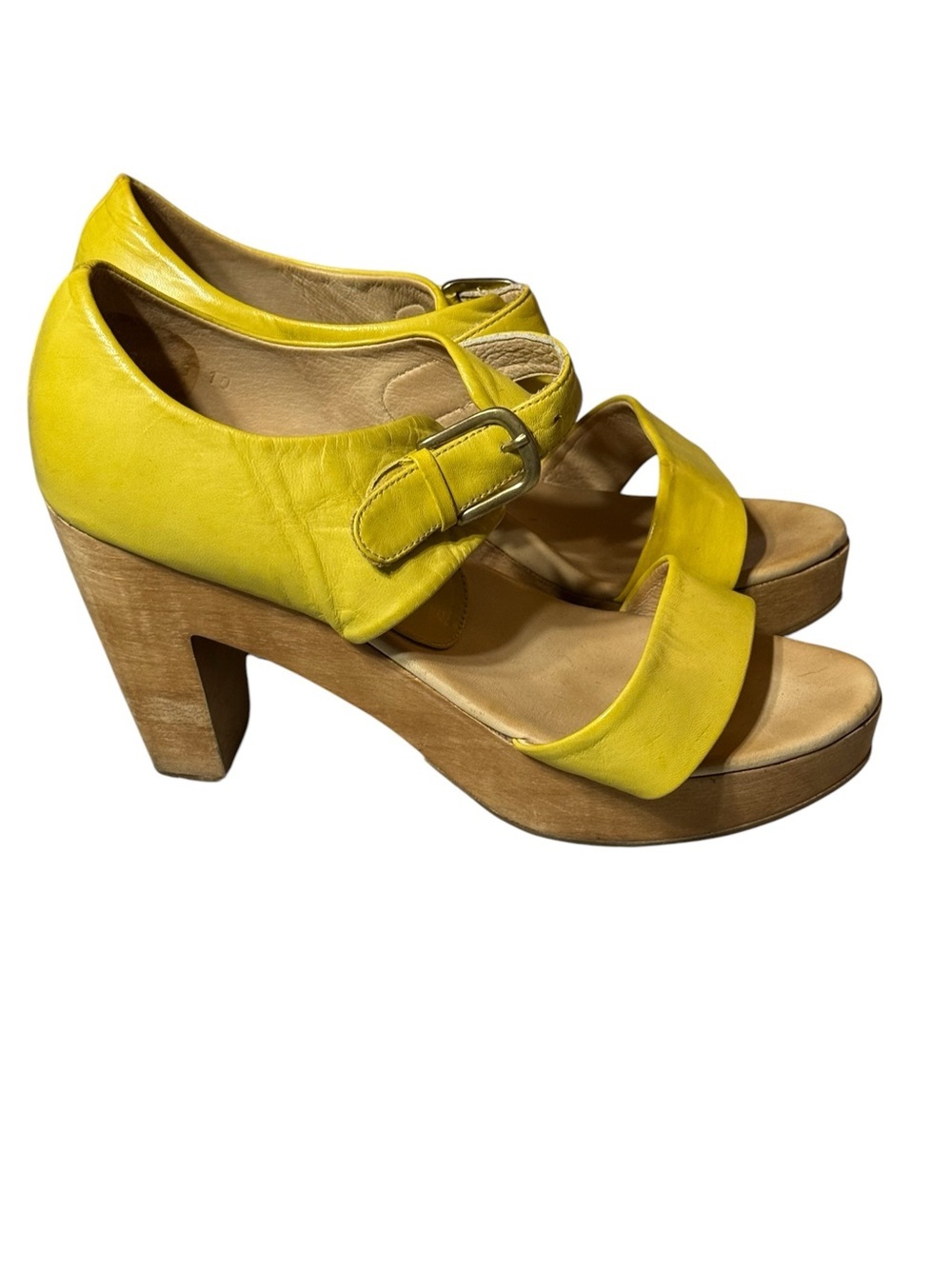 Rachel Comey Yellow Leather Wood Clogs Platform Sandals Heel Size 10
